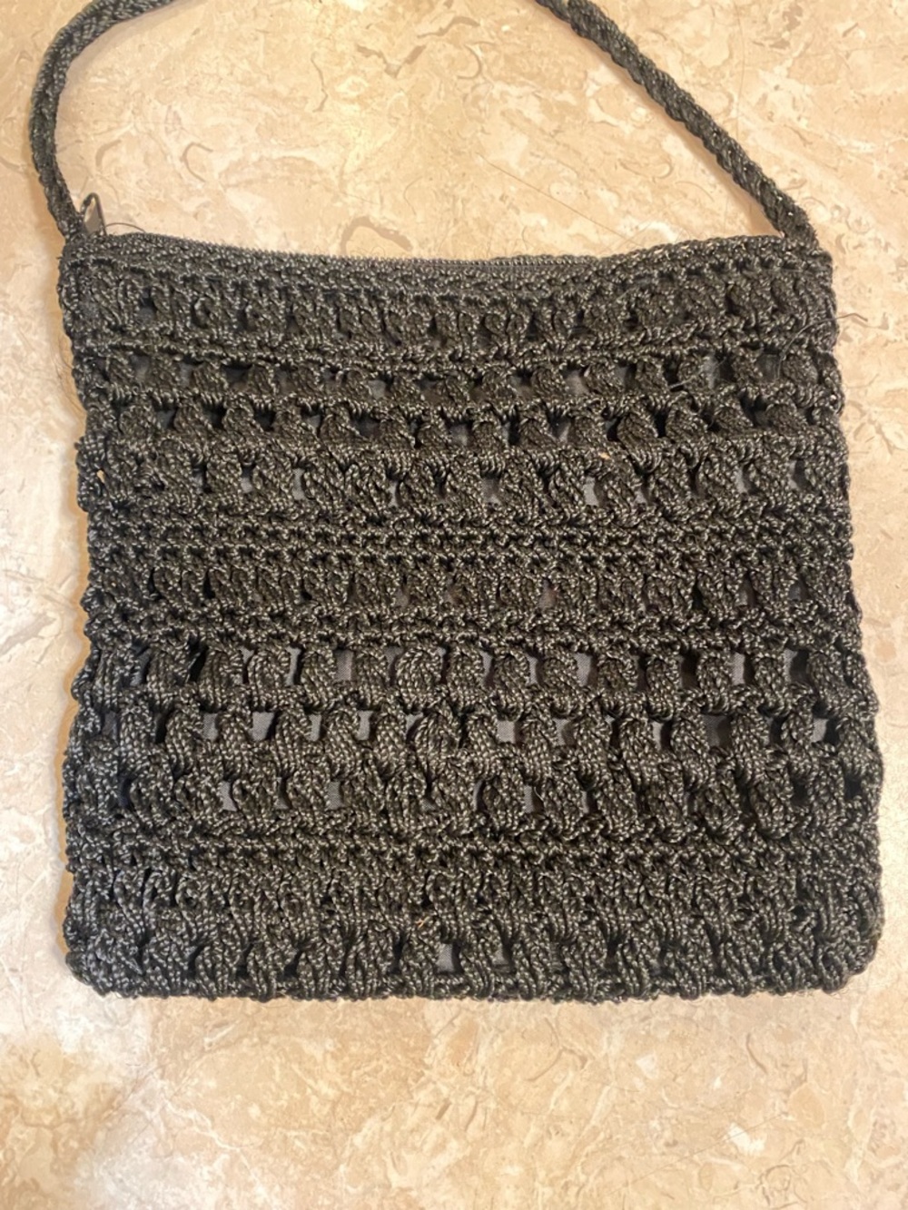 Handcrafted Black Crocheted Shoulder Bag with Braided Strap